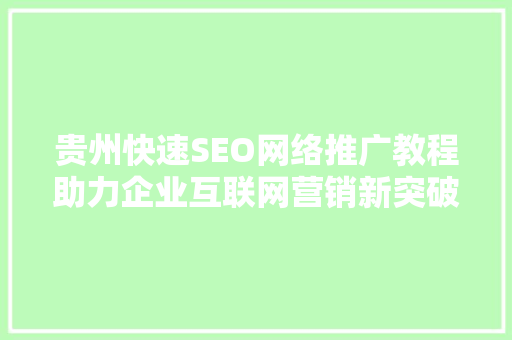 贵州快速SEO网络推广教程助力企业互联网营销新突破