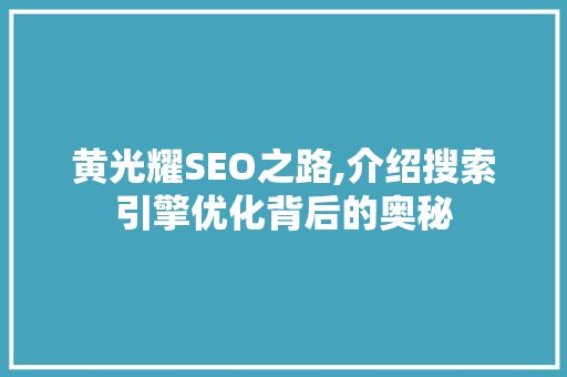 黄光耀SEO之路,介绍搜索引擎优化背后的奥秘